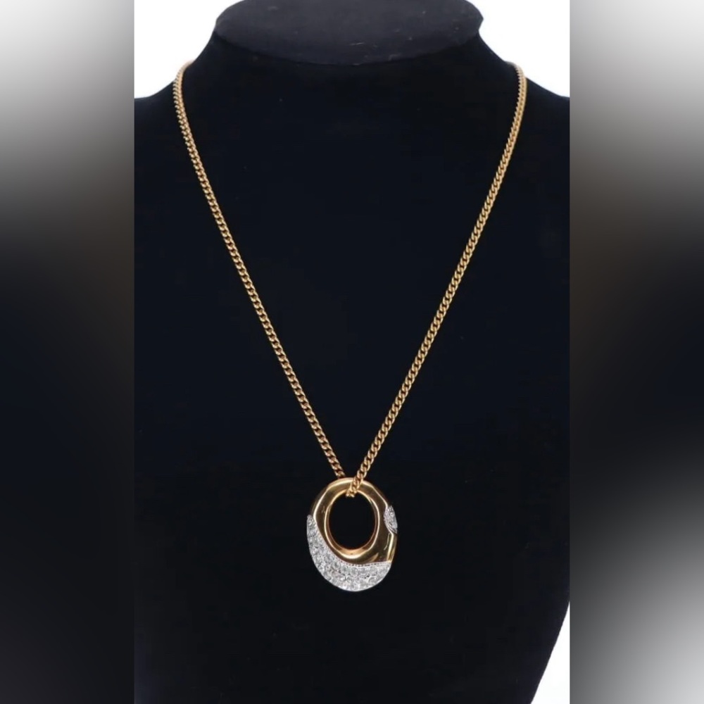 LANVIN PARIS Necklace Gold Tone Pendants Rhinestone Logo Curb Chain Oval